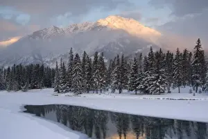 Images Dated 6th February 2005: Canada, Banff, View of Mt. Edith and Sawback Range with reflection in Spray River