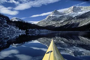 Bow Lake Prints: Canada, British Columbia, Banff. Kayak bow on calm water at Bow Lake