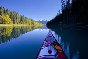 Images Dated 22nd September 2010: Canada, British Columbia, Bowron Lakes Provincial Park. Bow of sea kayak on a broad