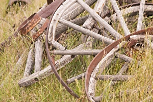 Images Dated 29th September 2009: Canada, British Columbia, Fort Steele. Close-up of old wagon wheels in grass. Credit as