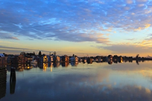 Rick A Brown Prints: Canada, British Columbia, Fraser River, house boats at sunset