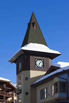 Images Dated 10th January 2012: Canada, British Columbia, Sun Peaks, Sun Peaks Resort, village clock tower, winter