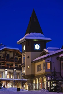 Images Dated 10th January 2012: Canada, British Columbia, Sun Peaks, Sun Peaks Resort, village clock tower, winter, dusk