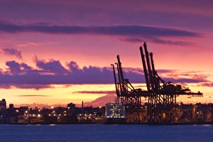 Canada, British Columbia, Vancouver, Port of Vancouver cargo cranes, dawn