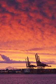 Images Dated 31st December 2011: Canada, British Columbia, Vancouver, Port of Vancouver cargo cranes, dawn