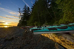 Sea Kayak Adventures Prints: Canada, British Columbia, Vancouver Island, Johnstone Strait. Sea kayaks and sunrise