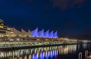 Vancouver Prints: Canada Center lights reflect in harbor in Vancouver, Bitish Columbia, Canada