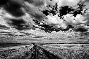 Stark Prints: Canada, Manitoba, Grande Pointe. Black and white of clouds and road through field