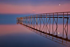 Manitoba Prints: Canada, Manitoba, Matlock. Pier on Lake Winnipeg at dusk with moon
