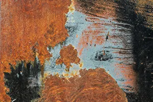 Manitoba Prints: Canada, Manitoba, St. Lupicin. Close-up of rusted paint patterns on vintage car