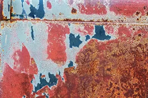 Manitoba Prints: Canada, Manitoba, St. Lupicin. Close-up of rusted paint patterns on vintage car