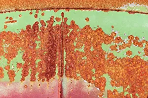 Manitoba Prints: Canada, Manitoba, St. Lupicin. Close-up of rusted paint patterns on vintage car