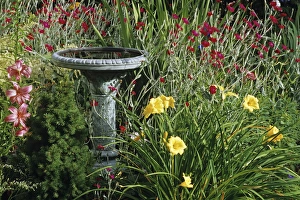 Gardening Prints: Canada, Manitoba, Victoria Beach. Fountain in garden