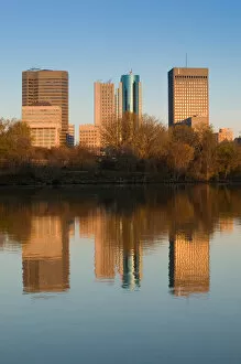 CANADA-Manitoba-Winnipeg: Downtown Buildings reflected in the Red River / Dawn