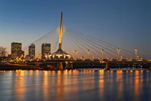 Red River Prints: Canada, Manitoba, Winnipeg. Esplanade Bridge over Red River at sunset