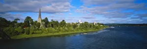 River Bank Prints: Canada, New Brunswick, Fredericton, City view along Saint John River, Trail bridge