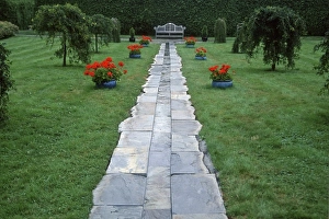 Images Dated 28th August 2009: Canada, New Brunswick, St Andrews. Slate walkway leading towards a bench at KIngsbrae