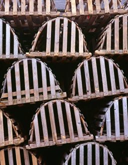 Close Up View Prints: Canada, Newfoundland, Trout River, Tidy stack of wooden lobster traps