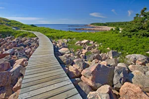 Images Dated 15th March 2018: Canada, Nova Scotia, Cape Breton Island. Wooden walkway along rocky shoreline