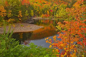 Canada, Nova Scotia. Indian Brook and forest in autumn. Credit as