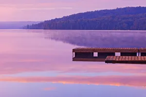 Images Dated 19th March 2019: Canada, Ontario, Algonquin Provincial Park, Dock and fog on Lake of Two Rivers