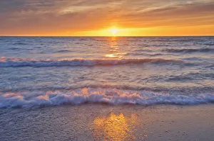 Away From It All Prints: Canada, Ontario, Grand Bend. Sandy beach on Lake Huron at sunset