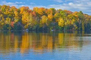 Cottage Prints: Canada, Ontario, Horseshoe Lake. Cottage in morning fog on lake