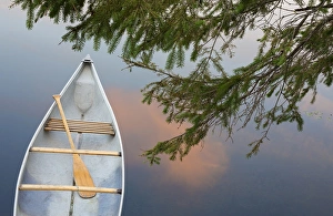 Spruce Prints: Canada, Quebec, Eastman. Canoe on lake at sunset
