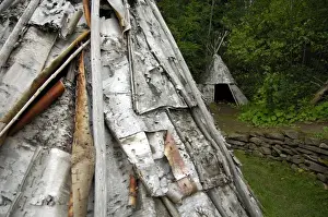 Canada, Quebec, Gaspe. Micmac First Nation Indian Village, birch bark teepee. Property release