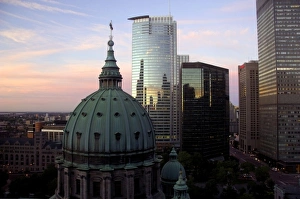 Canada, Quebec, Montreal. Dawn reflection, Mary Queen of the World Cathedral dome