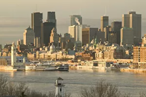 Canada-Quebec-Montreal: Morning City View in Winter from Jacques Cartier Bridge