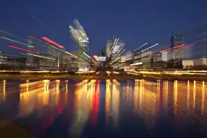 Saint Lawrence River Prints: Canada, Quebec, Montreal. Nighttime abstract of downtown and river