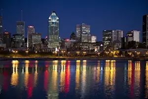 Saint Lawrence River Prints: Canada, Quebec, Montreal. Nighttime view of downtown and river