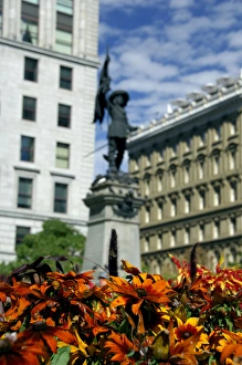 Founder Prints: Canada, Quebec, Montreal. Place d Armes, statue of Paul de Chomeday, Sieur