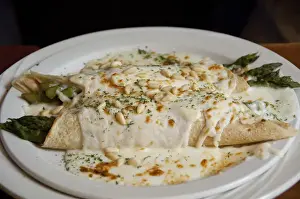 Cheese Prints: Canada, Quebec, Montreal. Typical Frence Canadian food, asparagus crepes with cheese