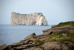 Perce Prints: Canada, Quebec, Perce. View of Perced Rock from Bonaventure Island, National Park