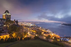 Canada, Quebec, Quebec City. Elevated skyline with Chateau Frontenac Hotel, fog