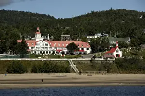 Tadoussac Prints: Canada, Quebec, Tadoussac. Historic red & white Hotel Tadoussac, c. 1864. IMAGE RESTRICTED