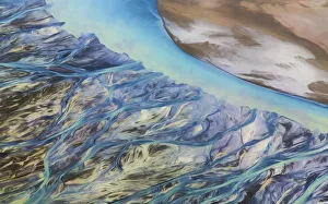 Painterly Prints: Canada, Yukon, Kluane National Park. Abstract aerial of mountains and Slims River