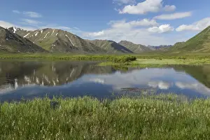 Yukon Prints: Canada, Yukon Territory, Tombstone Territorial Park. Mountain and lake landscape