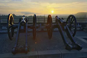 Images Dated 29th April 2008: Cannons facing west at sunset, from Munot Castle, Schaffhausen, Switzerland