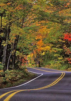 Canopy of autumn color over Highway 41 into Copper Harbor UP Michigan