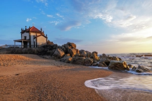 Chapel Prints: Capela do Senhor da Pedra Chapel on the beach near Porto, Portugal