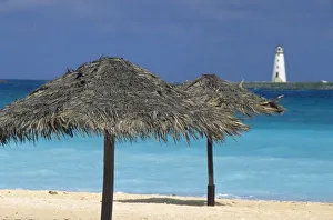 Palapa Prints: Caribbean, Bahamas, Nassau Harbor. Lighthouse and thatch palapa