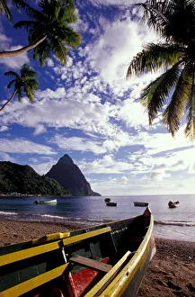 Images Dated 22nd April 2005: Caribbean, BWI, St. Lucia, Fishing boats and Pitons, Soufriere