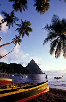 Images Dated 22nd April 2005: Caribbean, BWI, St. Lucia, Fishing boats and Pitons, Soufriere