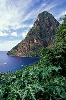 Caribbean, BWI, St. Lucia, View of the Pitons from Ladera Resort