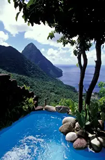 Images Dated 19th April 2005: Caribbean, BWI, St. Lucia, View of the Pitons from Ladera Resort