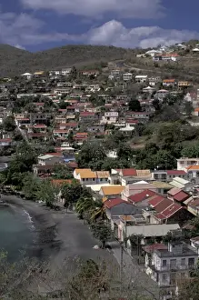 Caribbean, French West Indies, Martinique; Case Pilote Aerial view of fishing town