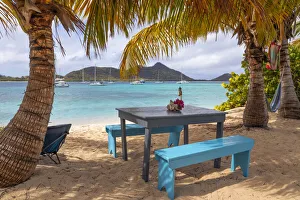 Relaxation Prints: Caribbean, Grenada, Sandy Island. Picnic table and hammock on beach